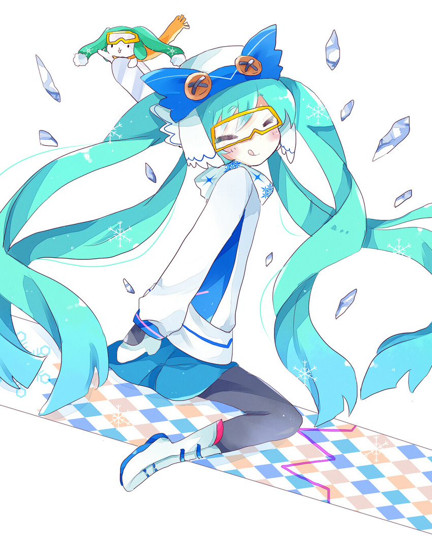 :q aqua_hair argyle bad_id bad_pixiv_id black_legwear blue_hair blue_skirt blush boots closed_eyes female from_side full_body goggles goggles_on_eyes gradient_hair hat hatsune_miku head_tilt highres ice jacket long_hair long_sleeves looking_at_viewer looking_to_the_side mittens multicolored_hair orange_scarf pantyhose print_scarf quad_tails rabbit rabbit_yukine scarf sitting ski_goggles skirt smile snowboard snowflake_print snowflakes sparkle tongue tongue_out tsukiyo_(skymint) very_long_hair vocaloid white_footwear white_mittens white_scarf winter_clothes yuki_ga_tokeru_mae_ni_(vocaloid) yuki_miku yuki_miku_(2016)