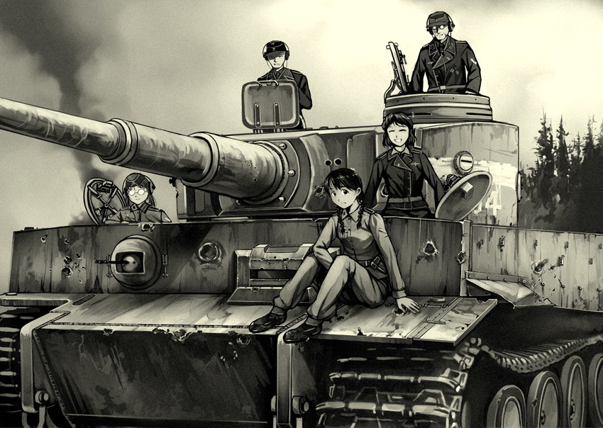 2boys 3girls braid caterpillar_tracks commentary_request garrison_cap glasses hat headset hino_katsuhiko long_hair looking_at_viewer military military_uniform military_vehicle monochrome motor_vehicle multiple_boys multiple_girls on_vehicle original short_hair smile smoke soldier tank tiger_i tree twin_braids twintails uniform war world_war_ii