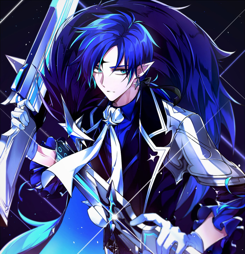 1boy armor bad_id bad_twitter_id blue_eyes chevalier_(elsword) ciel_(elsword) collared_shirt dual_wielding earrings elsword erun-cbal- facial_mark feather_boa forehead_mark gloves gun gunblade highres holding jacket jewelry necktie pauldrons pointy_ears shirt shoulder_armor single_pauldron sparkle symbol-shaped_pupils weapon white_necktie