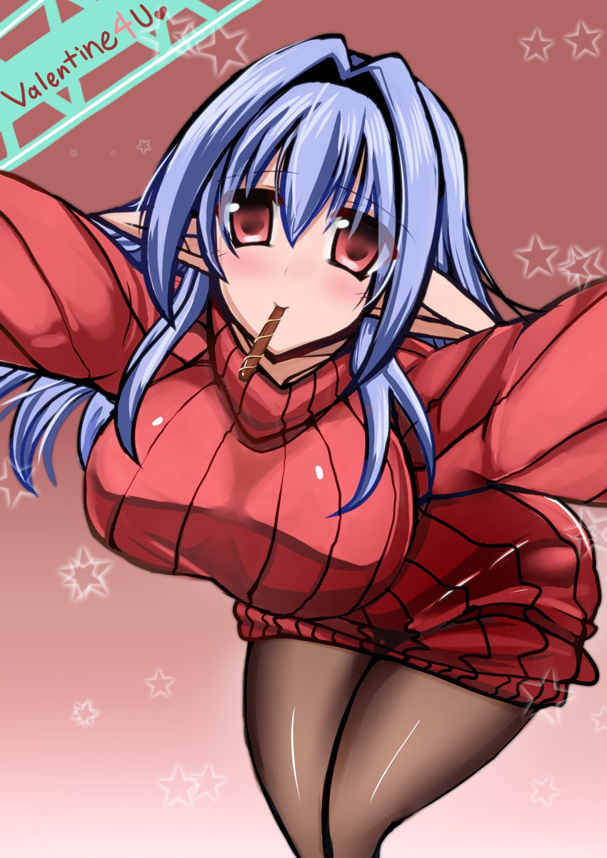 ashling_(no-plan) blue_hair breasts female female food highres kawasumi_(ashling) large_breasts leaning_forward long_hair mouth_hold original pantyhose pointy_ears red_eyes ribbed_sweater solo standing sweater turtleneck valentine