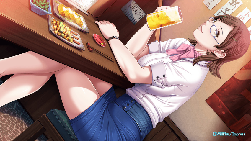 alcohol beer breasts brown_eyes brown_hair chair chopsticks cup drink earrings female food game_cg glasses hair_ornament hairclip highres jewelry large_breasts legs legs_crossed looking_at_viewer mihara_aika p/a:_potential_ability sei_shoujo short_hair sitting skirt smile table thighs watch wristwatch