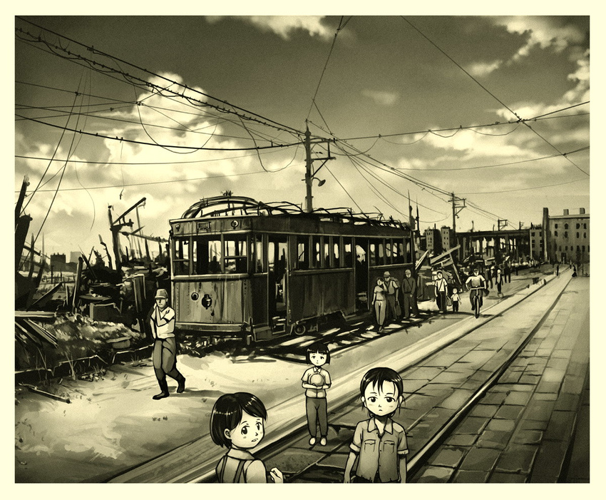 4girls 6+boys bicycle building city cloud commentary hat hino_katsuhiko lolicon long_hair looking_at_viewer monochrome multiple_boys multiple_girls original outdoors overhead_line power_lines road rubble short_hair sky street streetcar tokyo_(city) utility_pole vehicle_focus walking war world_war_ii