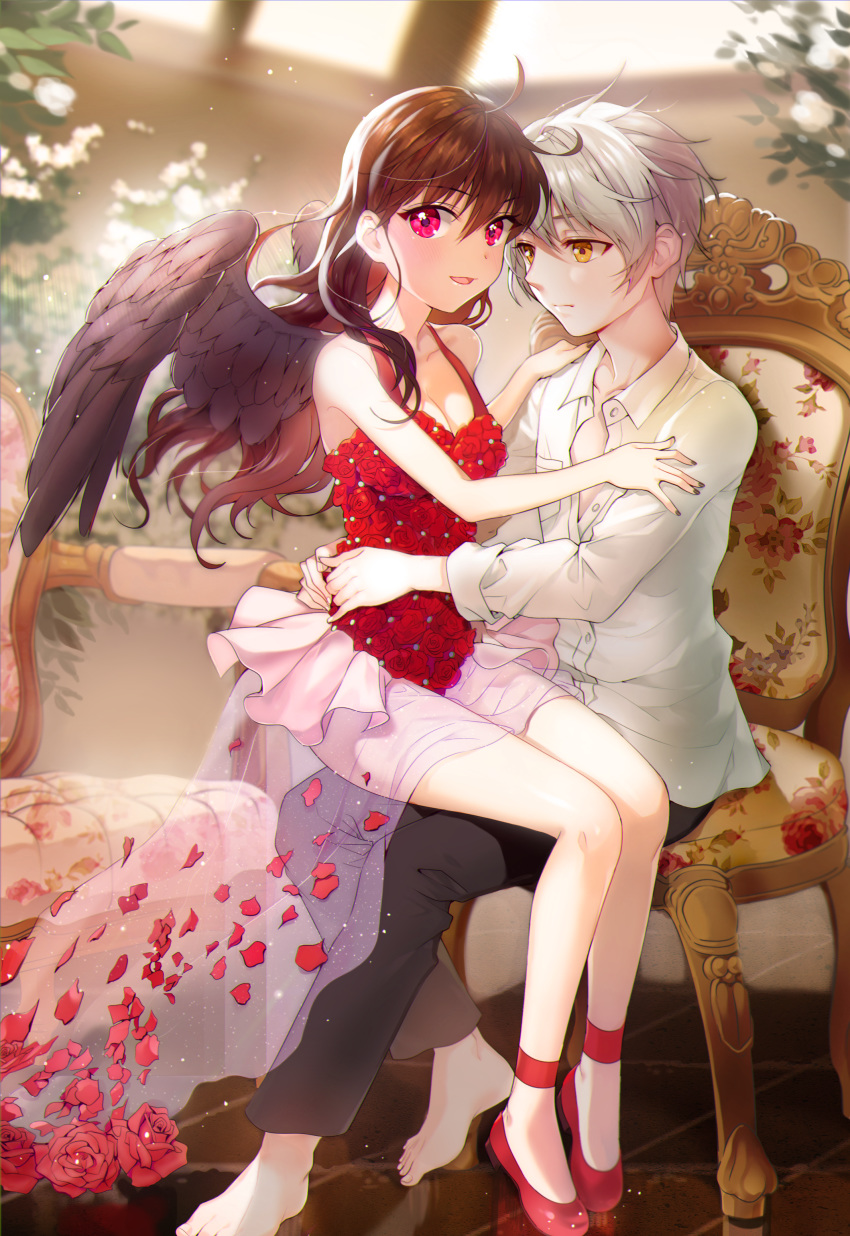 1boy absurdres ahoge ballerina barefoot black_nails black_pants black_wings brown_hair chair commentary_request day feathered_wings female flats floral_print flower grey_hair highres hug indoors mytho_(princess_tutu) pants pink_eyes pita_(ppp) princess princess_tutu rose rue_(princess_tutu) see-through shirt sitting tutu white_shirt wings yellow_eyes