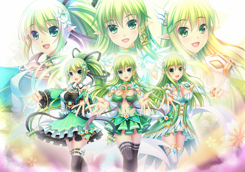 3girls blush breasts cleavage commentary_request detached_sleeves dual_persona elsword flower grand_archer_(elsword) green_eyes green_hair green_sleeves hair_flower hair_ornament large_breasts long_hair long_sleeves looking_at_viewer multiple_girls navel night_watcher_(elsword) open_mouth pointy_ears ponytail rena_erindel skirt smile thighhighs tsukimi_kirara wind_sneaker_(elsword)