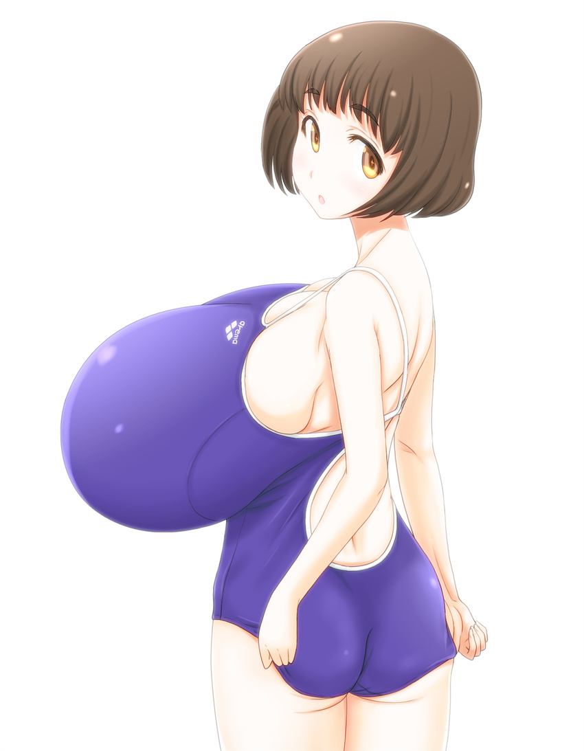 back breasts brown_eyes brown_hair female female gigantic_breasts hips ido_kibino kibino_ido one-piece_swimsuit original shiny short_hair sideboob standing swimsuit