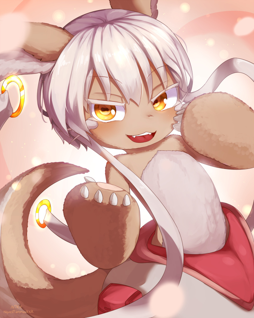 1other animal_ears artist_name blush colored_eyelashes commentary_request fangs furry highres long_hair looking_at_viewer made_in_abyss nanachi_(made_in_abyss) nyxkz open_mouth signature smile solo teeth upper_body white_hair yellow_eyes