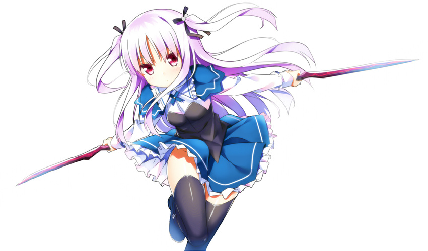 absolute_duo black_footwear black_ribbon black_thighhighs blue_skirt blush breasts commentary dual_wielding female frilled_skirt frills hair_bobbles hair_ornament hair_ribbon hatsunatsu holding holding_weapon leaning_to_the_side long_hair long_sleeves purple_hair red_eyes ribbon shirt shoes simple_background skirt small_breasts solo standing standing_on_one_leg sword thighhighs two_side_up weapon white_background white_shirt yurie_sigtuna