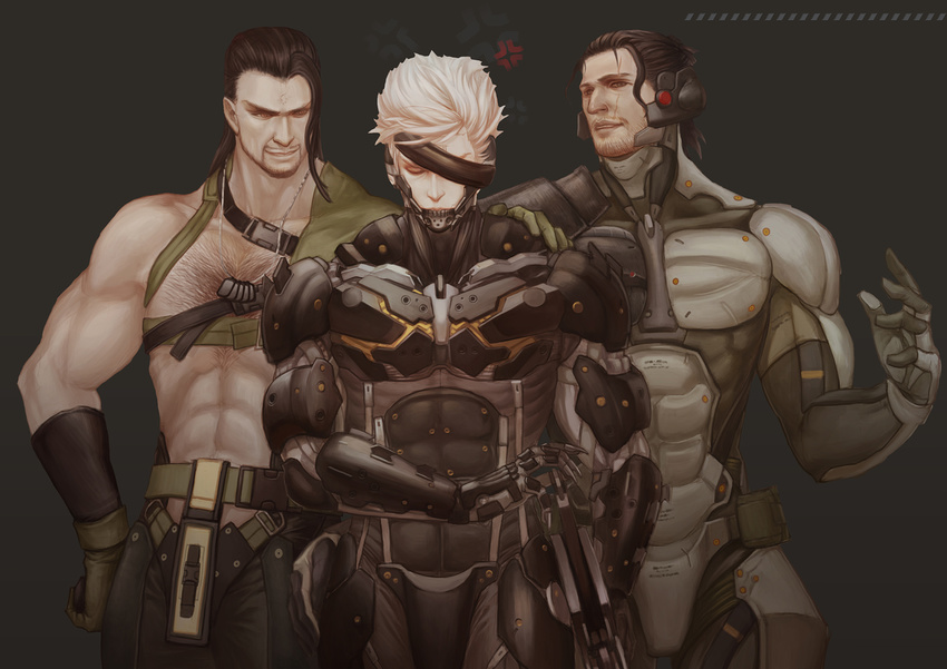 3boys anger_vein armor beard belt black_armor black_hair brown_eyes closed_eyes commentary_request cyborg eyepatch facial_hair gloves grey_background hand_on_another's_shoulder hand_on_own_hip highres jewelry long_hair male_focus metal_gear_(series) metal_gear_rising:_revengeance metal_gear_solid_4:_guns_of_the_patriots multiple_boys necklace photoshop_(medium) raiden_(metal_gear) samuel_rodrigues science_fiction vamp_(metal_gear) vetania white_hair