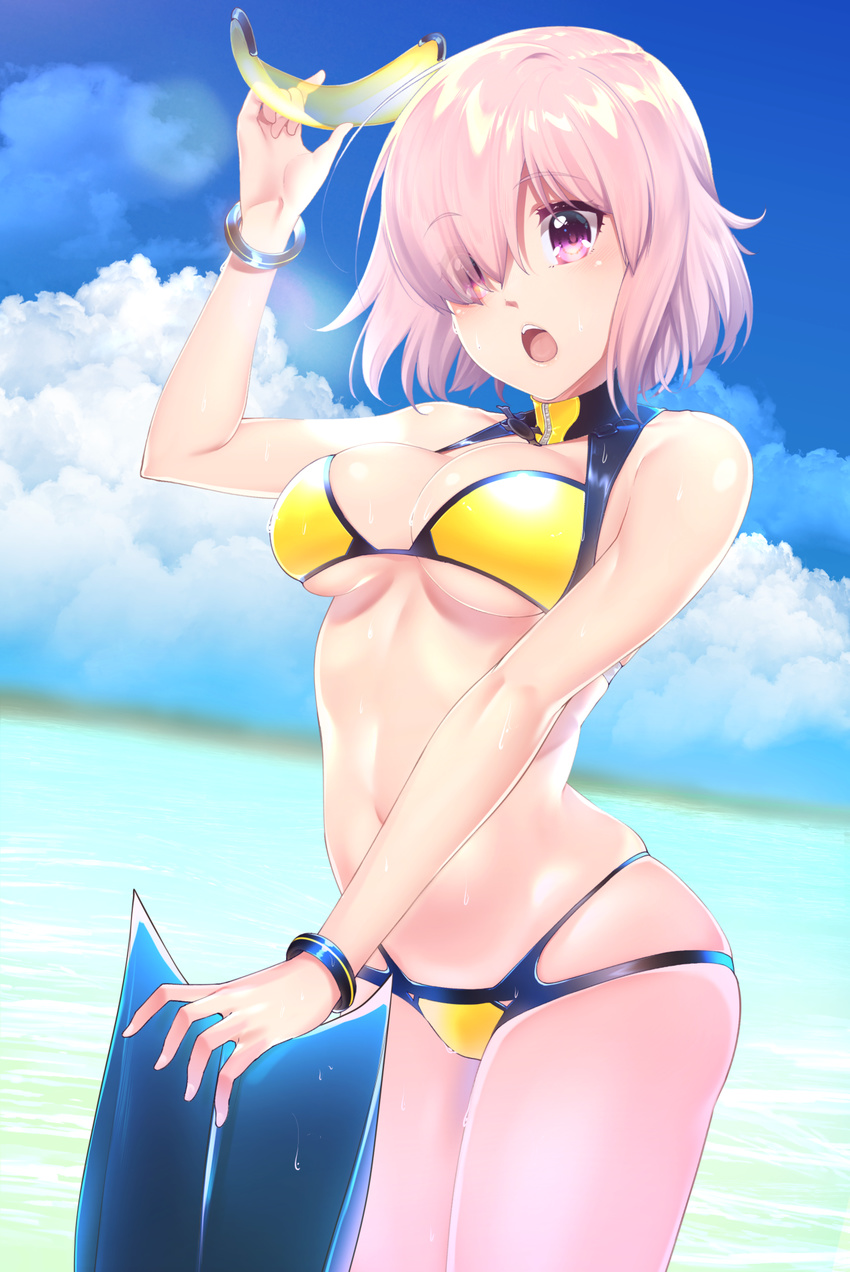 :o beach bikini breasts cloud commentary_request day fate/grand_order fate_(series) female goggles highres hisayaki_kyuu light_purple_hair mash_kyrielight mash_kyrielight_(dive_to_blue) medium_breasts official_alternate_costume outdoors purple_eyes skindentation sky solo swimsuit underboob yellow_bikini