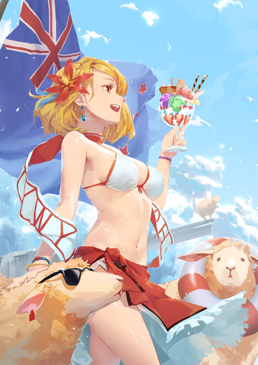 animal azur_lane baraba_baba bikini blonde_hair bracelet braid breasts cloud commentary cowboy_shot crown_braid day earrings english_commentary female flower food french_braid fruit hair_flower hair_ornament highres holding ice_cream jewelry lifebuoy medium_breasts navel new_zealand_flag official_alternate_costume open_mouth outdoors parfait prince_of_wales_(azur_lane) prince_of_wales_(sun_shining_upon_windsor)_(azur_lane) red_eyes sarong second-party_source sheep short_hair strawberry sunglasses swim_ring swimsuit teeth upper_teeth_only