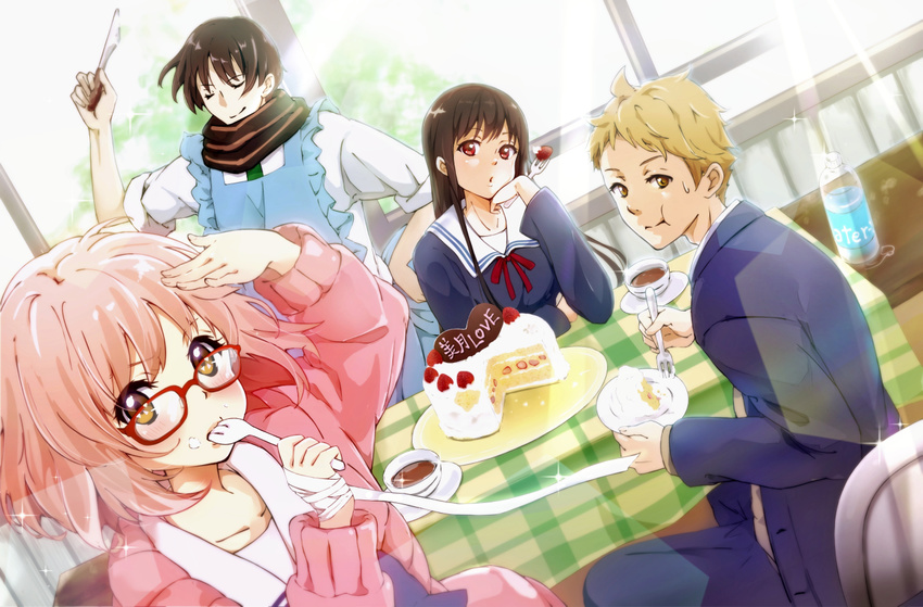 apron cake conone food glasses kanbara_akihito kuriyama_mirai kyoukai_no_kanata nase_hiroomi nase_mitsuki scarf