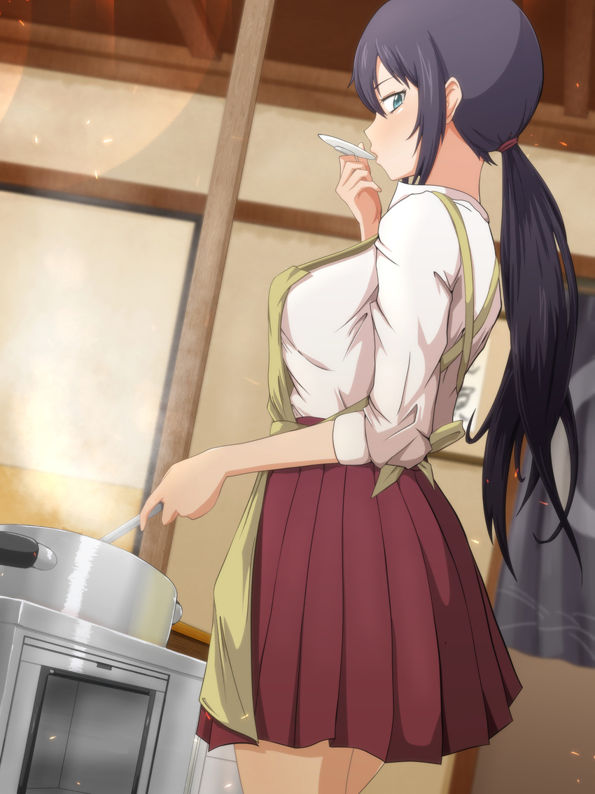 amaama_to_inazuma apron bad_id bad_pixiv_id black_hair blue_eyes commentary_request cooking dutch_angle female from_side highres iida_kotori long_hair looking_at_viewer looking_back low_ponytail ocza pleated_skirt ponytail pot school_uniform sidelocks skirt sleeves_rolled_up solo steam tasting