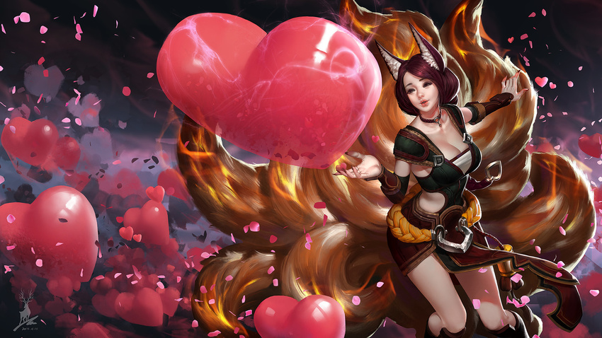 2016 ahri_(league_of_legends) alternate_costume animal_ears artist_name artstation_sample blowing_kiss breasts brown_hair choker cleavage clothing_cutout commentary_request feihong_chen female fox_tail foxfire_ahri heart highres image_sample league_of_legends nail_polish photoshop_(medium) red_nails side_cutout solo standing tail watermark