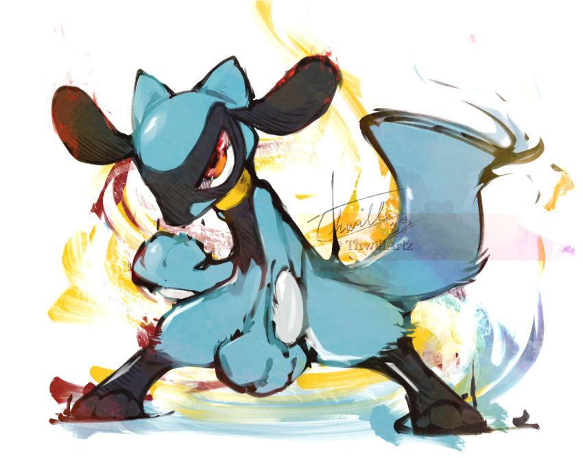 2014 action_pose ambiguous_gender black_body black_fur blue_body blue_fur canid canine collar digital_media_(artwork) facial_markings feral fur generation_4_pokemon golden_collar head_markings mammal markings mask_(marking) metal_collar nintendo pokemon pokemon_(species) pose red_eyes riolu simple_background solo thwillartz