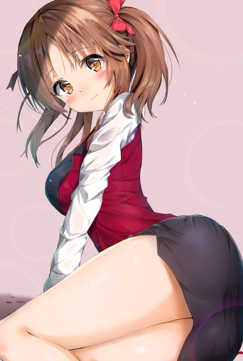 black_skirt blush bow breasts brown_eyes brown_hair closed_mouth commentary female hairbow head_tilt highres idolmaster idolmaster_cinderella_girls kuria_(clear_trip_second) large_breasts long_sleeves looking_at_viewer looking_to_the_side parted_bangs petals red_bow red_vest royale_style_(idolmaster) shirt skirt solo sweat totoki_airi twintails vest white_shirt