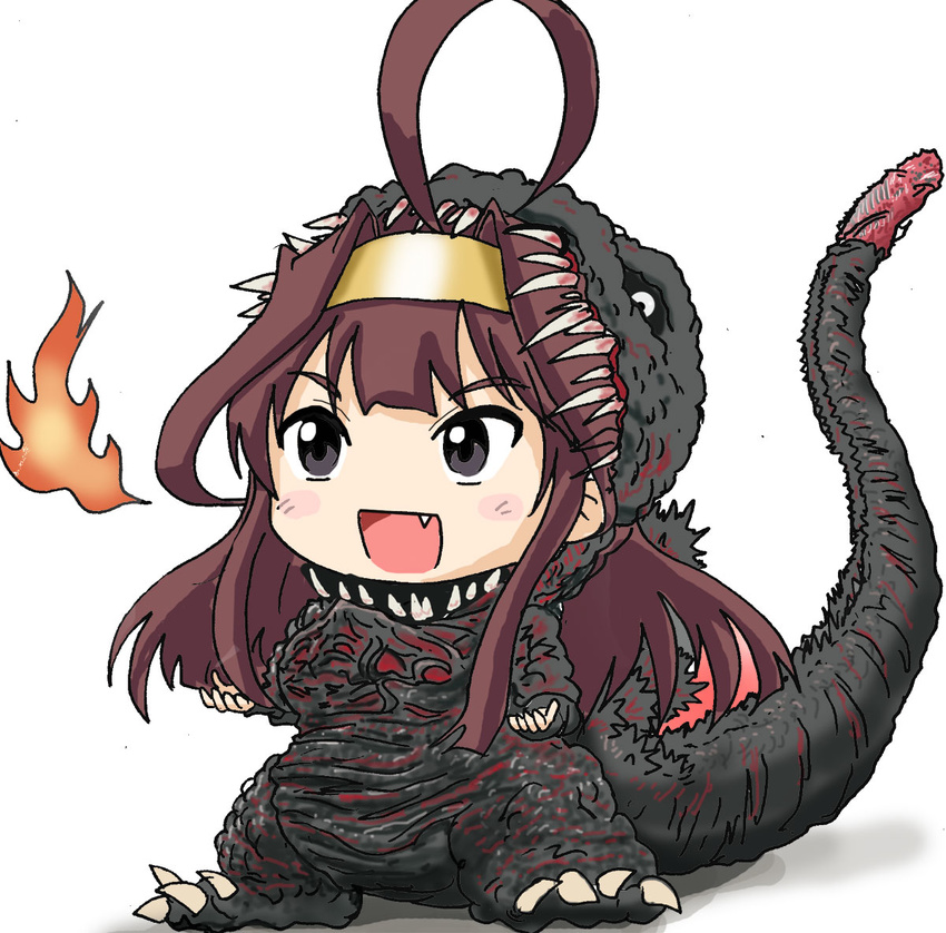 ahoge akiran_(r32) alternate_costume black_eyes brown_hair commentary cosplay eyebrows female fire godzilla godzilla_(cosplay) godzilla_(series) godzilla_(shin) hairband headband kaijuu kantai_collection kongou_(kancolle) long_hair monster oerba_yun_fang open_mouth parody sharp_teeth shin_godzilla simple_background solo tail teeth white_background