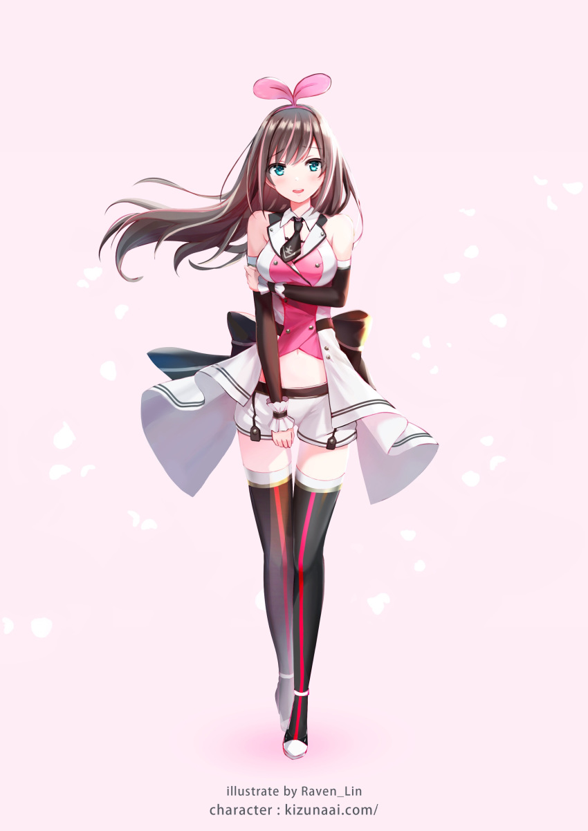 :d absurdres black_bow black_necktie black_thighhighs blush bow breasts brown_hair commentary_request detached_sleeves female green_eyes hairband highres kizuna_ai kizuna_ai_(elegant) kizuna_ai_inc. long_hair long_sleeves medium_breasts midriff multicolored_hair navel necktie open_mouth pink_hair pink_hairband rods round_teeth shirt shoes short_necktie short_shorts shorts sleeveless sleeveless_shirt smile solo streaked_hair teeth thighhighs upper_teeth_only very_long_hair virtual_youtuber white_footwear white_shirt white_shorts