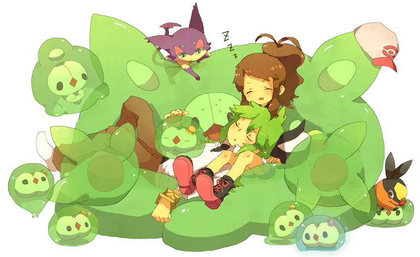 1boy alternate_color bad_id bad_pixiv_id baseball_cap brown_hair closed_eyes denim denim_shorts duosion female green_hair hat hilda_(pokemon) kiru n_(pokemon) pokemon pokemon_(creature) pokemon_bw ponytail purrloin reuniclus shiny shorts sleeping solosis tepig