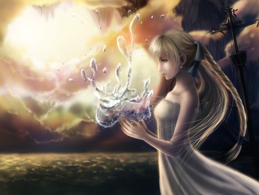 aria_benett blonde_hair blue_ribbon cloud clouds dress earrings female final_fantasy final_fantasy_iii jewelry long_hair magic michihana ocean outdoors reina_(artist) ribbon sea ship sky solo water