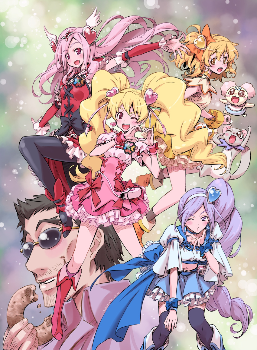 1boy 4girls aono_miki blonde_hair blue_skirt blue_wrist_cuffs boots bow chiffon_(fresh_precure!) choker commentary_request cure_berry cure_passion cure_peach cure_pine doughnut food fresh_precure! hair_ornament heart heart_hair_ornament heart_hands higashi_setsuna highres isedaichi_ken kaoru_(fresh_precure!) knee_boots md5_mismatch momozono_love multiple_girls one_eye_closed orange_choker pink_bow pink_footwear pink_wrist_cuffs precure short_hair skirt smile sunglasses tart_(fresh_precure!) waist_bow wrist_cuffs yamabuki_inori