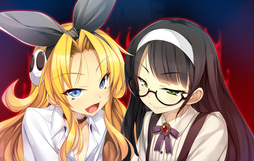 2girls black_hair blonde_hair blue_eyes cauliflower erectlip game_cg glasses green_eyes headband little_do_s_bitch long_hair