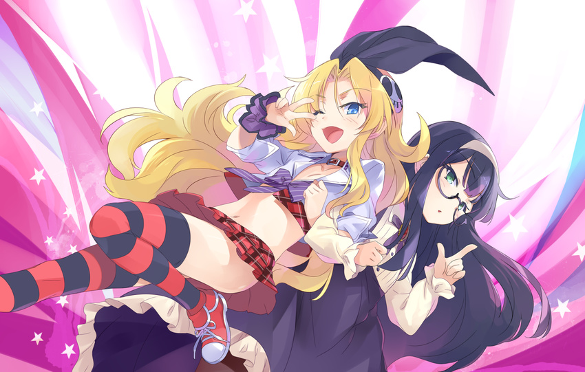 2girls black_hair blonde_hair blue_eyes erectlip game_cg glasses green_eyes headband little_do_s_bitch long_hair navel skirt tagme thighhighs