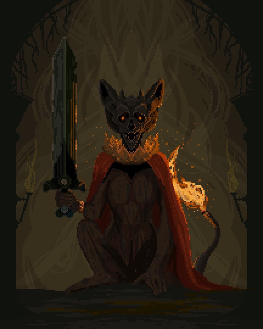 cape elden_ring erdtree_burial_watchdog flame-tipped_tail highres holding holding_sword holding_weapon looking_at_viewer monster no_humans pixel_art pixelianska red_cape solo sword weapon