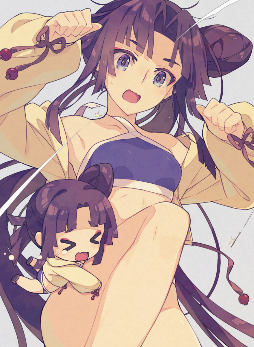 bare_shoulders bikini black_hair blue_bikini blue_eyes breasts brown_hair chibi collarbone fate/grand_order fate_(series) female happy highres long_hair open_mouth saipaco small_breasts smile swimsuit ushiwakamaru_(fate) ushiwakamaru_(swimsuit_assassin)_(fate) ushiwakamaru_(swimsuit_assassin)_(first_ascension)_(fate) wardrobe_malfunction