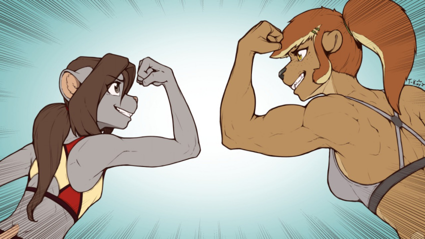 16:9 anthro back_muscles beaver biceps bra breast_size_difference breasts brown_hair cinn_delafontaine clothing competition countershading digital_media_(artwork) duo female flexing grin hair mammal mouse murid murine muscular muscular_female ponytail rodent sam_rodoric smile sports_bra t-kay teeth underwear widescreen