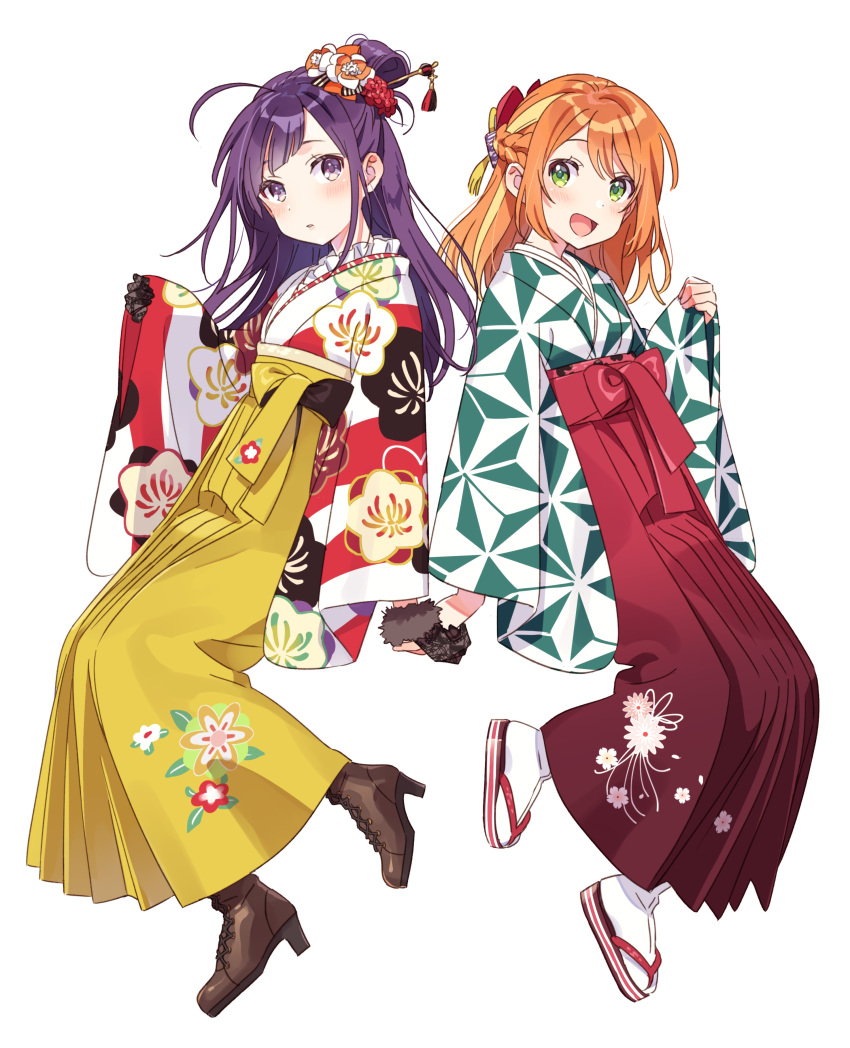 2girls absurdres alternate_costume alternate_hairstyle boots flower full_body gloves hair_bun hair_flower hair_ornament hanamaru_hareru hanayori_jyoshiryou hechima_(issindotai) highres holding_hands kohigashi_hitona multiple_girls open_mouth orange_hair purple_eyes purple_hair simple_background single_hair_bun virtual_youtuber white_background