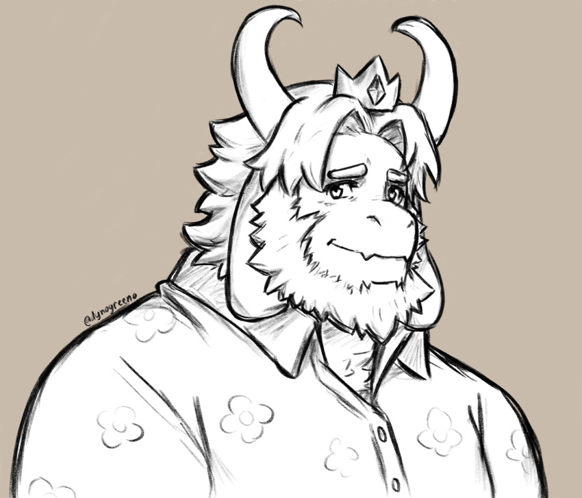 anthro asgore_dreemurr bovid caprine clothed clothing crown dynogreeno facial_hair flower goat hair headgear hi_res horn male mammal plant simple_background smile solo undertale_(series)