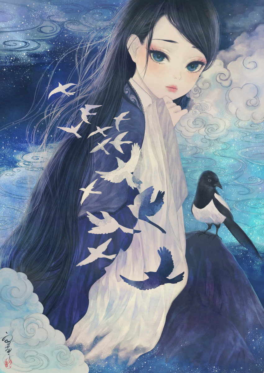 absurdres bird black_hair blue_eyes cloud cloudy_sky crossed_legs eurasian_magpie eyeshadow female from_side hand_on_own_chin highres long_hair long_sleeves looking_at_viewer magpie makeup medibang_paint_(medium) original sky star_(sky) starry_sky swept_bangs tanabata ushiyama_ame very_long_hair whorled_clouds wide_sleeves