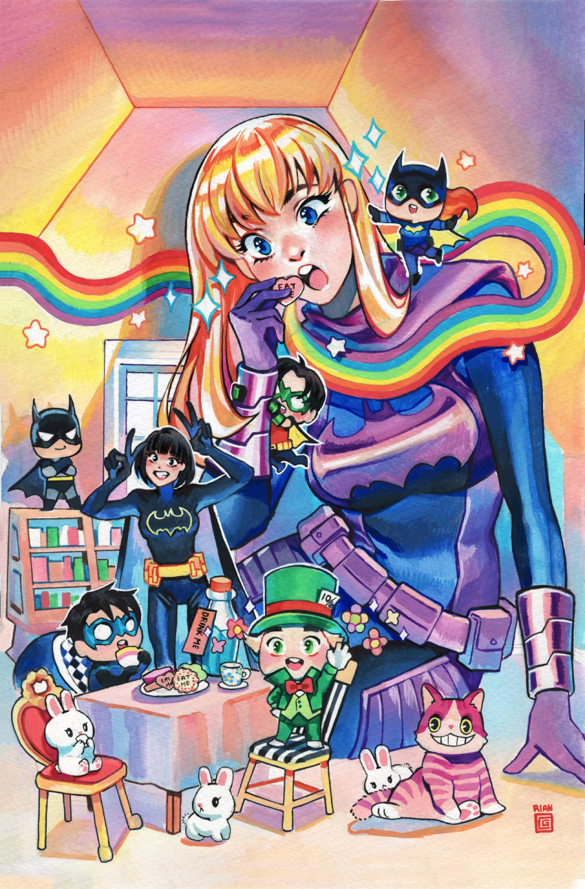 3boys 3girls absurdres alice_in_wonderland animification barbara_gordon batgirl batman batman_(series) belt black_eyes black_hair bodysuit bookshelf bottle bow breasts bruce_wayne cake candy cassandra_cain cheshire_cat_(alice_in_wonderland) chibi comic_cover cork cover_image crossed_arms cup dc_comics dick_grayson double_v english_commentary food gouache_(medium) green_eyes green_headwear green_jacket green_pants hair_behind_ear hat head_tilt heart highres holding holding_cup jacket mad_hatter_(dc) medium_breasts mini_person miniboy minigirl multiple_boys multiple_girls nightwing official_art painting_(medium) pants purple_belt rabbit rainbow red_bow rian_gonzales robin_(dc) sitting smile sparkle star_(symbol) stephanie_brown table teacup tim_drake top_hat traditional_media v yellow_belt