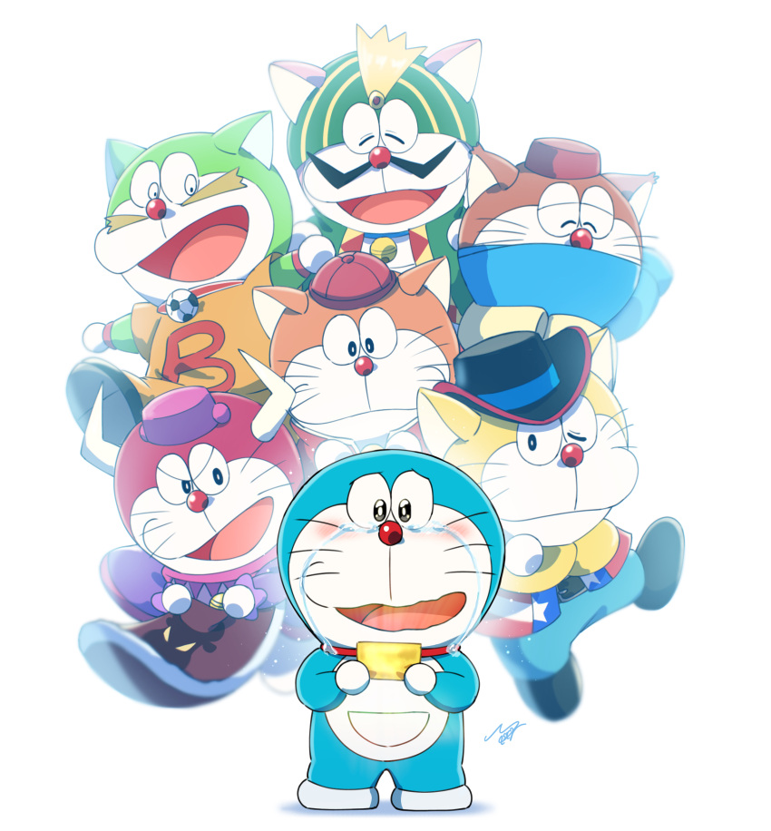 anthro arms_bent ball blue_body blue_fur blush bodily_fluids brown_body brown_fur canid canine canis closed_eyes clothed clothing collar collar_only crossed_arms crying domestic_cat dora-nichov dora-rinho dora_med_iii dora_the_kid doraemon doraemon_(character) ears_up el_matadora facial_hair felid feline felis front_view fur green_body green_fur group hat headgear headwear hi_res holding_object horn machine male mammal masser_(artist) moustache mouth_closed nude one_eye_closed open_mouth orange_body orange_fur red_body red_collar red_fur red_nose robot scarf shadow shirt signature simple_background soccer_ball standing tears the_doraemons tongue topwear wang_dora whiskers white_background wolf yellow_body yellow_fur