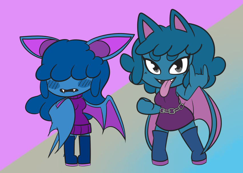 2020 5_fingers anthro anthrofied back_wings bangs bat belt bent_arm big_eyes black_eyes blue_background blue_blush blue_body blue_boots blue_cheeks blue_clothing blue_eyebrows blue_footwear blue_hair blue_wings blush blush_lines boots breast_outline breasts chain_belt chains chibi circle_eyebrows clothed clothing cyan_background devil_horns_(gesture) digital_media_(artwork) dress duo ears_down evolutionary_family eyebrows eyelashes eyeless fangs feet female fingers fist footwear forked_tail generation_1_pokemon gesture golbat gradient_background grey_background grey_eyes hair hair_over_eyes hand_gesture hi_res legwear looking_at_viewer mammal medium_breasts membrane_(anatomy) membranous_wings multicolored_boots multicolored_clothing multicolored_footwear multicolored_inner_ear multicolored_wings mythrica nervous nintendo noseless open_mouth open_smile pigeon_toed pink_background pink_inner_ear pink_membrane pink_tongue pink_wings pivoted_ears pokemon pokemon_(species) pokemorph poofy_hair prick_ears puffy_hair purple_background purple_clothing purple_dress purple_inner_ear purple_membrane purple_sweater purple_topwear purple_wings realistic_wings rubber_boots shy side_bangs simple_background sleeveless sleeveless_dress sleeveless_sweater smile smiling_at_viewer standing straight_legs sweater tail tan_background teal_body teal_eyebrows teal_hair teeth thigh_boots thigh_highs tongue tongue_out topwear turtleneck two_tone_boots two_tone_clothing two_tone_footwear two_tone_inner_ear two_tone_wings unusual_anatomy unusual_tail wide_stance wing_on_chest wings zubat