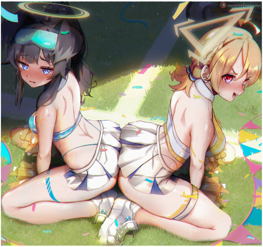 2girls absurdres animal_ears ass ass-to-ass black_hair blonde_hair blue_archive blue_eyes blush breasts cheerleader dog_ears dog_girl field goggles goggles_on_head halo hibiki_(blue_archive) hibiki_(cheer_squad)_(blue_archive) highleg highleg_panties highres housou-kun kotori_(blue_archive) kotori_(cheer_squad)_(blue_archive) large_breasts looking_at_viewer low_twintails millennium_cheerleader_outfit_(blue_archive) multiple_girls official_alternate_costume open_mouth panties pom_pom_(cheerleading) red_eyes short_hair short_twintails sitting skirt thigh_strap twintails underwear wariza white_skirt yellow_halo