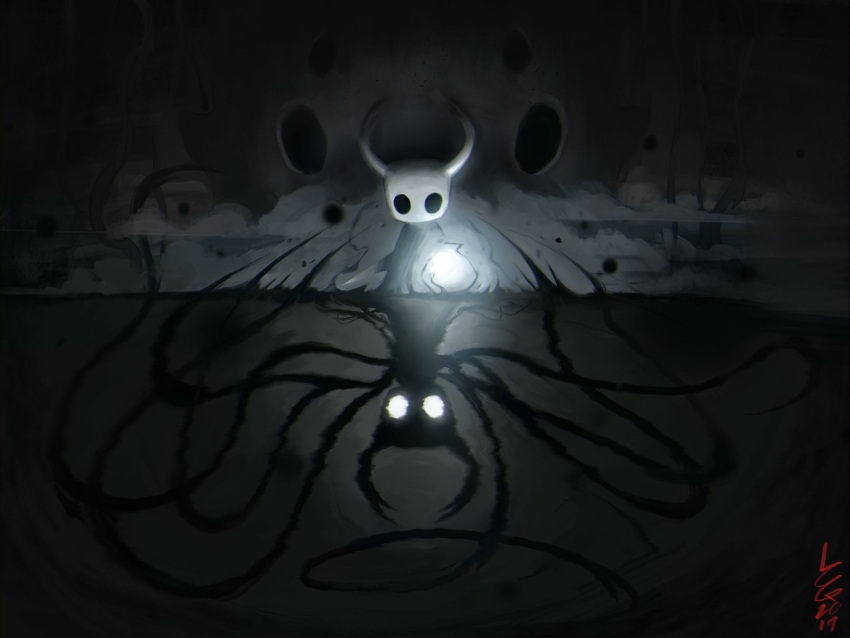 2019 4:3 altered_reflection ambiguous_gender animal_humanoid arthropod arthropod_humanoid ashenhare black_eyes black_tentacles container dark_theme detailed_background digital_media_(artwork) digital_painting_(artwork) distortion duality empty_eyes front_view full-length_portrait glowing glowing_eyes hi_res holding_object holding_weapon hollow_knight horn humanoid insect_humanoid insects jar looking_at_reflection looking_at_self magic nail_(weapon) outside portrait reflection shade_(hollow_knight) shadow_creature solo stairs team_cherry tentacle tentacle_creature the_knight_(hollow_knight) vignette void_(hollow_knight) weapon white_eyes