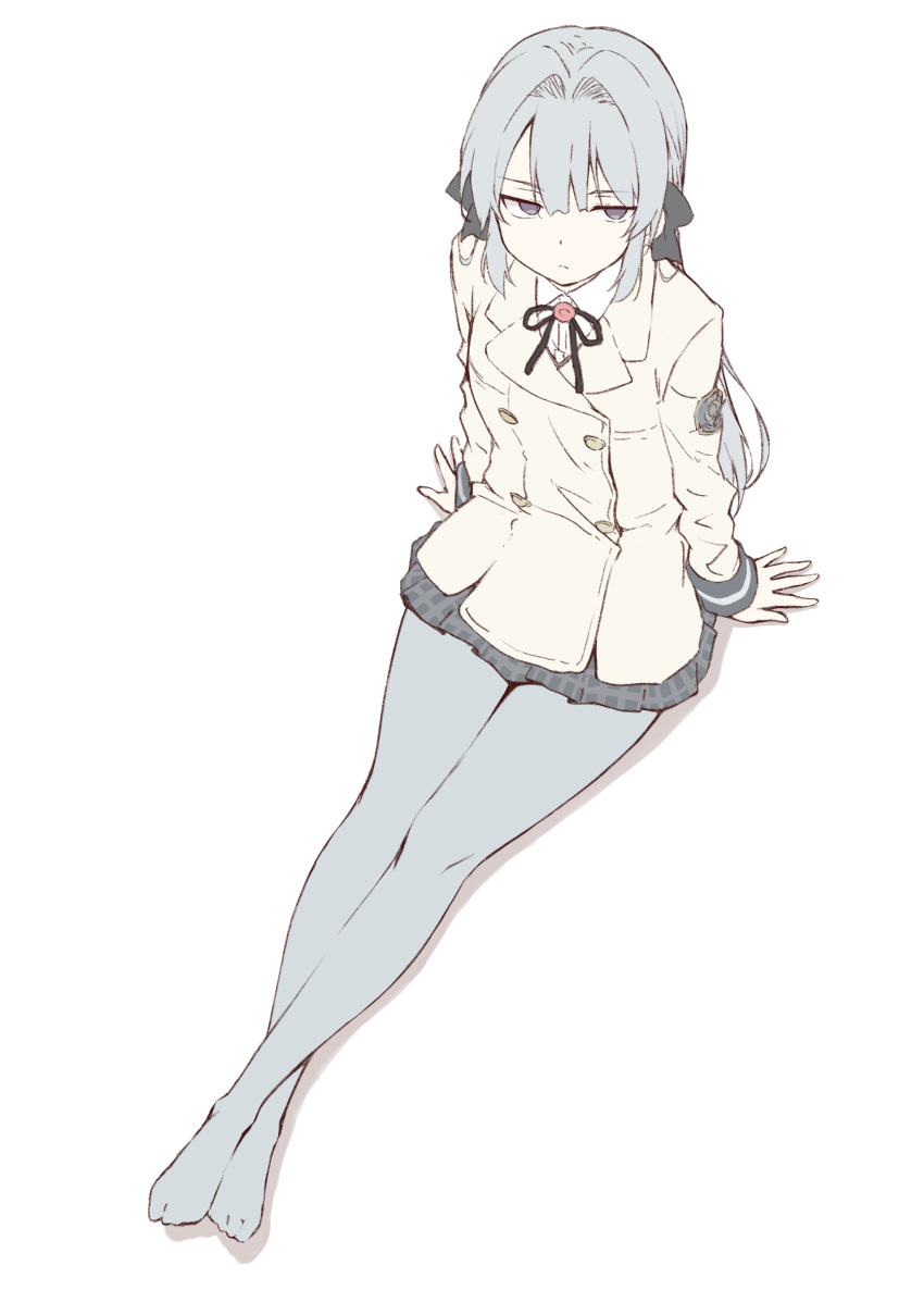 absurdres arm_support beige_jacket black_ribbon buttons closed_mouth collared_shirt commentary_request crossed_ankles double-breasted drop_shadow emblem female from_above frown full_body gochisousama_(tanin050) grey_eyes grey_hair grey_pantyhose grey_skirt hair_between_eyes hair_intakes hair_ribbon highres jacket jitome legs_together long_hair long_sleeves looking_at_viewer looking_up miniskirt neck_ribbon no_shoes pantyhose plaid plaid_skirt pleated_skirt ribbon school_uniform shirt shoujo_kageki_revue_starlight shoujo_kageki_revue_starlight_-re_live- simple_background sitting skirt solo white_background white_shirt yukishiro_akira