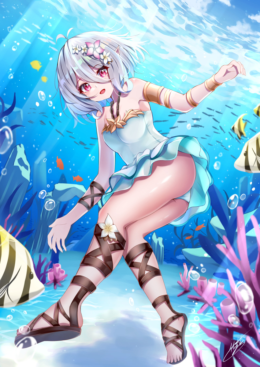 absurdres ahoge antenna_hair armlet armpits bare_shoulders bracelet breasts bubble coral dress elf female fish flower flower_ornament full_body grey_hair hair_between_eyes hair_flower hair_ornament hands_up highres jewelry kokkoro_(princess_connect!) kokkoro_(summer)_(princess_connect!) legs looking_at_viewer necklace open_mouth panties pantyshot pink_eyes pointy_ears princess_connect! sandals short_hair signature sleeveless small_breasts solo swimsuit takemura_kou thighs toes underwater underwear water white_flower