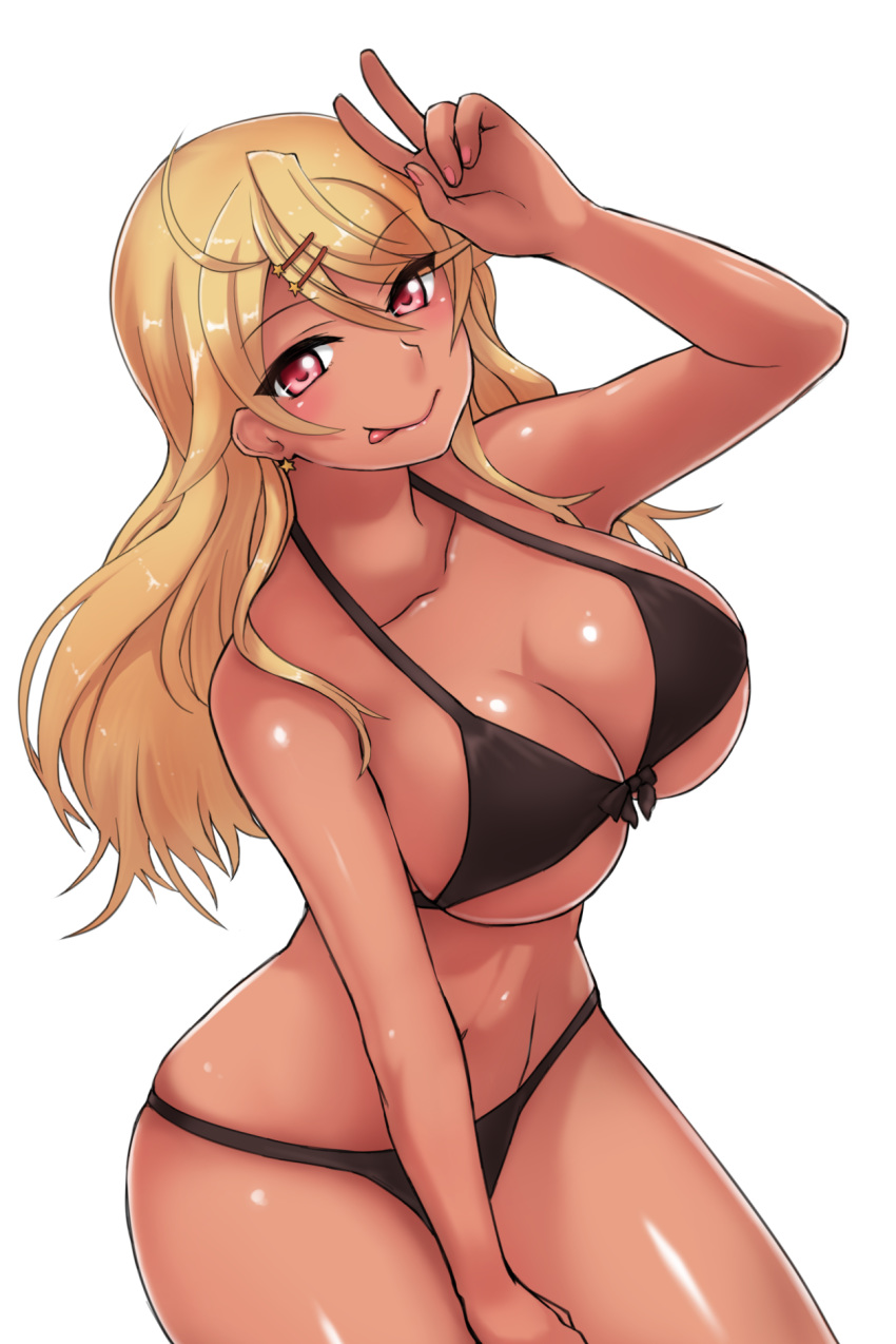 amaryllis_gumi angoha bikini black_bikini blonde_hair breasts cleavage cowboy_shot earrings female gyaru hair_ornament hairclip highres jewelry large_breasts long_hair ouga_saki pink_eyes solo star_(symbol) star_earrings swimsuit tongue tongue_out virtual_youtuber white_background