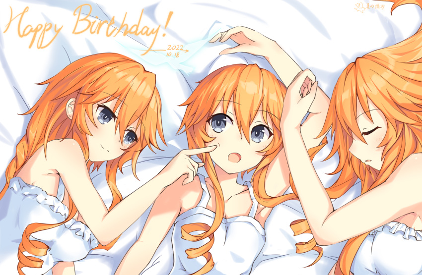 3girls :o arm_up armpits bare_shoulders birthday blue_eyes blush braid braided_ponytail breasts cheek_poking cleavage closed_eyes date_a_live drill_hair facing_another facing_viewer finger_to_another's_cheek hair_between_eyes hand_on_another's_face hand_on_another's_head hand_up happy_birthday highres kazamachi_yamai large_breasts long_hair looking_at_another lying medium_breasts mixed-language_commentary multiple_girls multiple_persona nightgown on_back on_bed on_side orange_hair parted_lips poking ringlets seventh-natsu siblings sisters sleeping small_breasts smile surprised twin_drills twins upper_body yamai_kaguya yamai_yuzuru