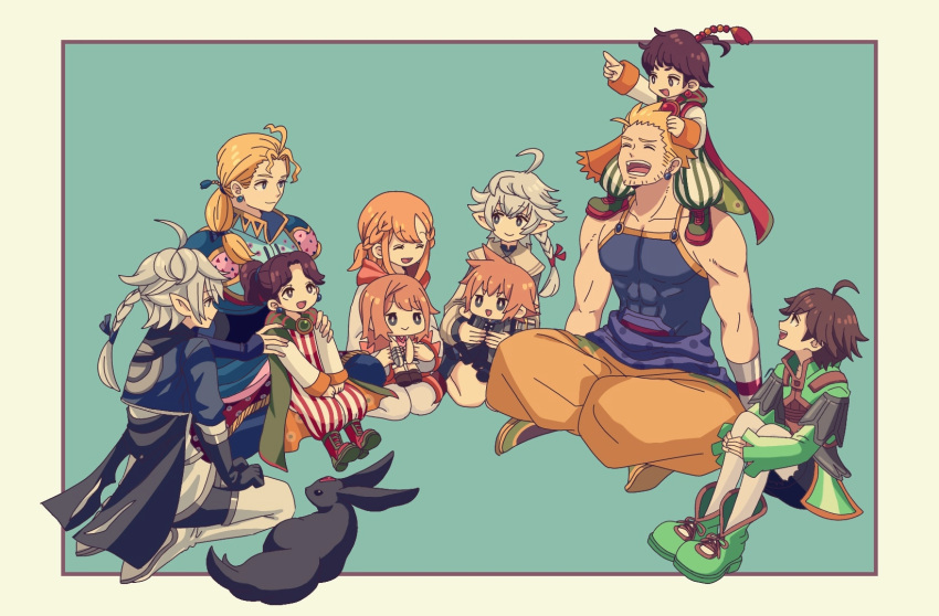 4girls 6+boys alisaie_leveilleur alphinaud_leveilleur blonde_hair brother_and_sister brothers brown_hair carbuncle_(final_fantasy) chelinka chibi dissidia_final_fantasy dissidia_final_fantasy_opera_omnia edgar_roni_figaro elezen elf final_fantasy final_fantasy_crystal_chronicles final_fantasy_crystal_chronicles:_ring_of_fates final_fantasy_iv final_fantasy_vi final_fantasy_xiv highres ichi_(pixiv6373491) lann_(woff) multiple_boys multiple_girls palom pointy_ears porom reynn_(woff) sabin_rene_figaro seiza siblings sitting sitting_on_lap sitting_on_person smile twins white_hair world_of_final_fantasy yuri_(ffcc)