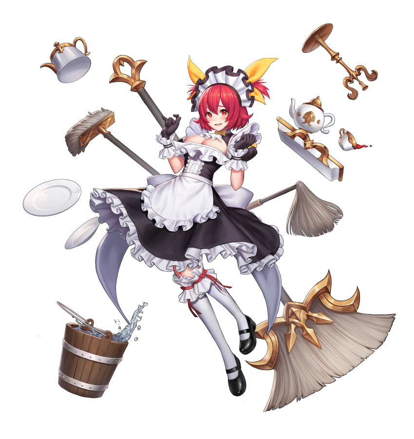 absurdres apron black_gloves blush breasts broom bucket cup eyebrows_hidden_by_hair female full_body gloves hair_between_eyes hair_ribbon highres jungon_kim looking_at_viewer maid maid_apron maid_headdress open_mouth original plate red_eyes red_hair ribbon short_hair simple_background solo teacup teapot thighhighs water white_background white_thighhighs