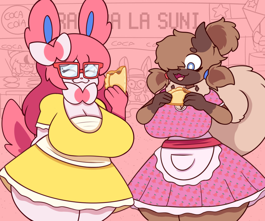 2023 anthro big_breasts blue_eyes breasts brown_body brown_fur brown_hair chile clothing dress duo eating eating_food eeveelution empanada eyewear female fiestas_patrias_(chile) food fur generation_6_pokemon generation_7_pokemon glasses hair happy hi_res huge_breasts javisylveon_(mintyspirit) long_hair luneiumbreon_(mintyspirit) mintyspirit nerd nintendo open_mouth pastry petra_(kiss_the_carrot) pink_hair pokemon pokemon_(species) red_eyewear red_glasses rockruff slightly_chubby smile sunnyleafeon_(mintyspirit) sylveon thick_thighs twintails wide_hips