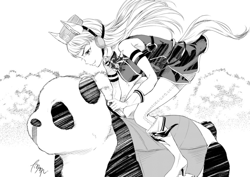 animal_ears armband bare_shoulders boots bow bowtie dress female gloves gold_ship_(umamusume) greyscale headgear high_heel_boots high_heels highres horse_ears horse_girl horse_tail kiddie_ride knee_boots kyuu_umi long_hair monochrome panda pantyhose pillbox_hat riding signature sleeveless sleeveless_dress speed_lines tail umamusume