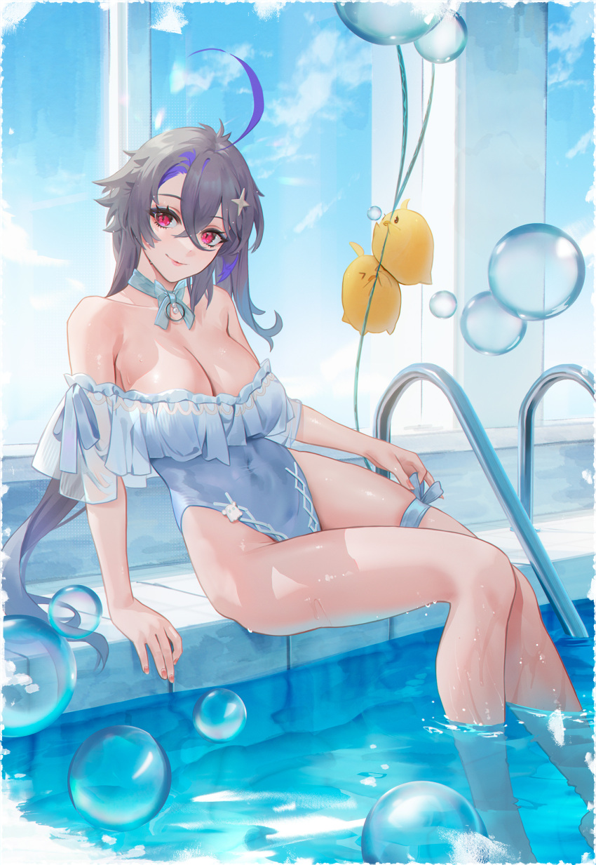 ahoge azur_lane bad_id bad_pixiv_id bare_shoulders blue_choker blue_one-piece_swimsuit blue_ribbon breasts bubble casual_one-piece_swimsuit choker cirilla_lin closed_mouth commentary crossed_bangs feet_out_of_frame female foch_(azur_lane) grey_hair hair_between_eyes hair_ornament highleg highleg_swimsuit highres large_breasts legs long_hair looking_at_viewer manjuu_(azur_lane) multicolored_hair nail_polish off-shoulder_one-piece_swimsuit off_shoulder one-piece_swimsuit pool_ladder poolside purple_hair red_eyes ribbon ribbon_choker sitting smile soaking_feet solo streaked_hair swimsuit thigh_strap very_long_hair water wet