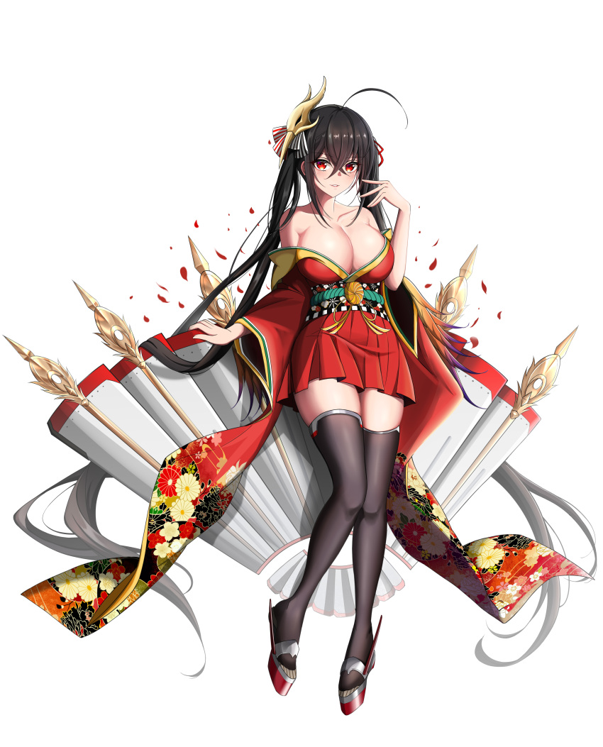 absurdly_long_hair absurdres ahoge azur_lane bare_shoulders bird_mask black_hair black_thighhighs breasts cleavage commentary crossed_bangs female floral_print folding_fan full_body hair_ribbon hand_fan highres japanese_clothes kimono large_breasts long_hair looking_at_viewer mask mask_on_head obi off_shoulder parted_lips red_eyes red_kimono ribbon sandals sash short_kimono smile solo striped striped_ribbon taihou_(azur_lane) thighhighs twintails very_long_hair zeukiar