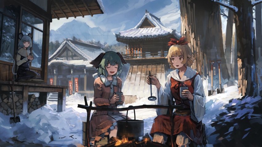 3girls animal_ears bad_id bad_pixiv_id black_dress blonde_hair blue_sky brown_dress building capelet closed_eyes cloud cloudy_sky cooking_pot cup day dress fire firewood forest green_hair grey_hair hair_ornament highres holding holding_cup kasodani_kyouko ladle long_sleeves looking_at_another mikado_(winters) mountain mouse_ears mouse_tail multiple_girls myouren_temple nature nazrin open_mouth outdoors petticoat red_dress red_eyes revision seiza short_hair shovel sitting sky smile snow tail toramaru_shou touhou tree wide_sleeves yellow_eyes