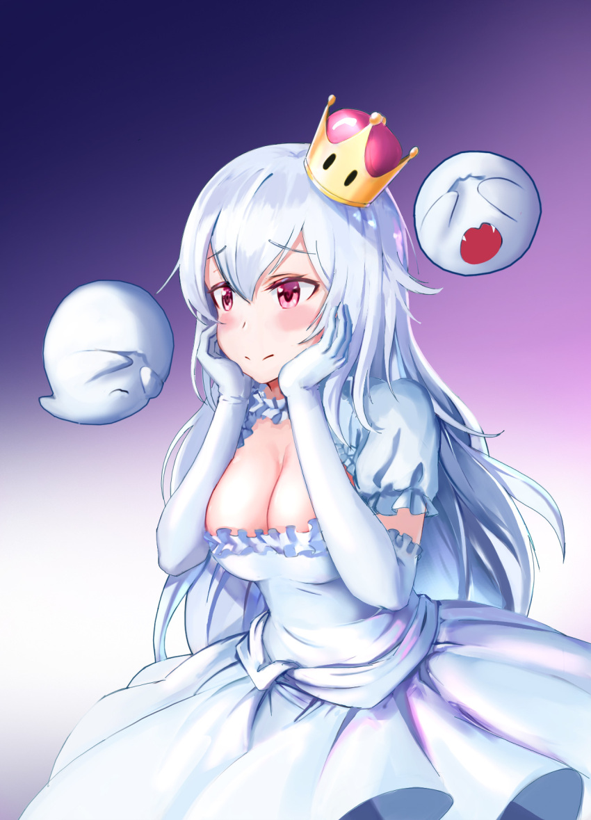 boo_(mario) breasts choker cleavage collar crown dress elbow_gloves female frilled_collar frilled_dress frilled_gloves frills gan-viking gloves hair_between_eyes highres long_hair looking_at_viewer luigi's_mansion mario_(series) new_super_mario_bros._u_deluxe personification princess_king_boo solo super_crown white_dress white_gloves