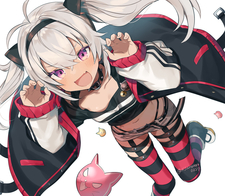 :d absurdres antenna_hair belt black_belt black_collar black_shirt blush boots claw_pose collar crop_top crossed_bangs dark-skinned_female dark_skin downblouse fangs female grey_hair hair_between_eyes hairband highleg highleg_panties highres jacket long_hair long_sleeves looking_at_viewer matsukai_mao matsukai_mao_(1st_costume) navel nijisanji ninahachi open_clothes open_jacket open_mouth panties panty_straps purple_eyes shirt short_shorts shorts simple_background skin_fangs smile solo spiked_collar spikes striped_clothes striped_thighhighs thighhighs twintails twitter_username underwear virtual_youtuber white_background white_shorts